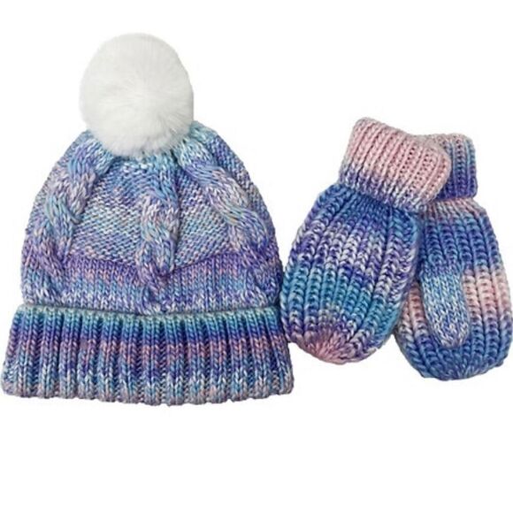 NWT West Loop Girl’s Blue,Purple.Pink, Mittens Gloves & Pom Pom Beanie hat set - Picture 1 of 8